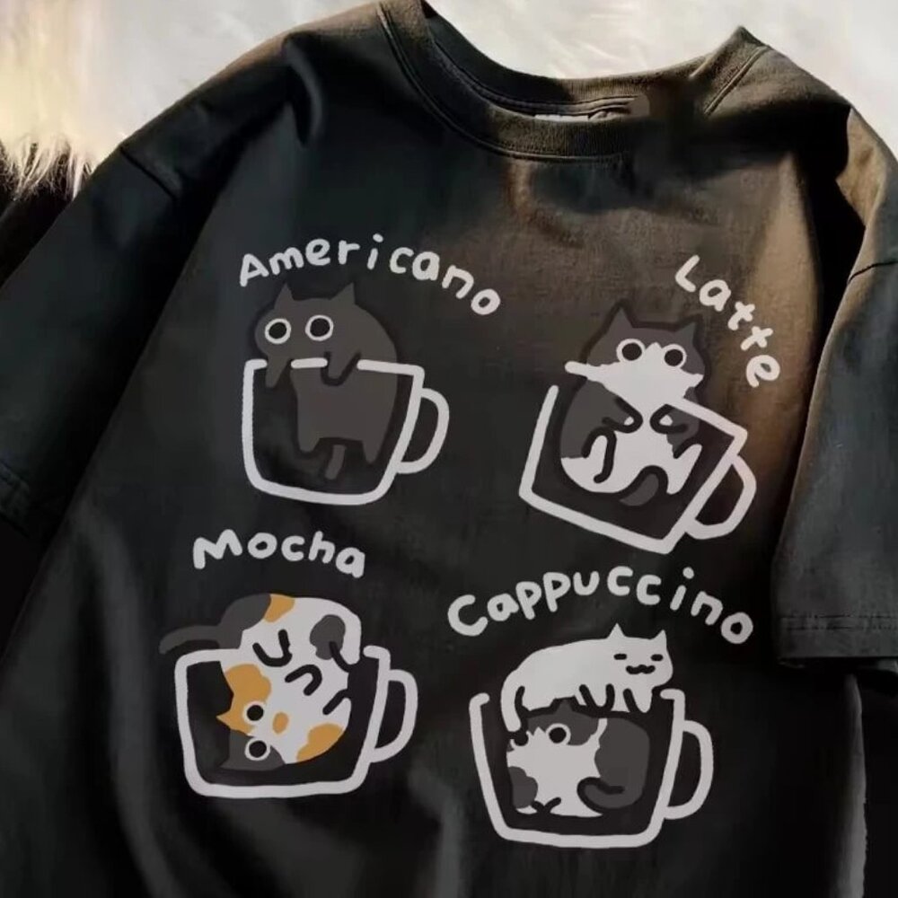 Cute Cat Coffee Graphic Tee Shirt, Funny Tshirt, Animal Graphic Shirt